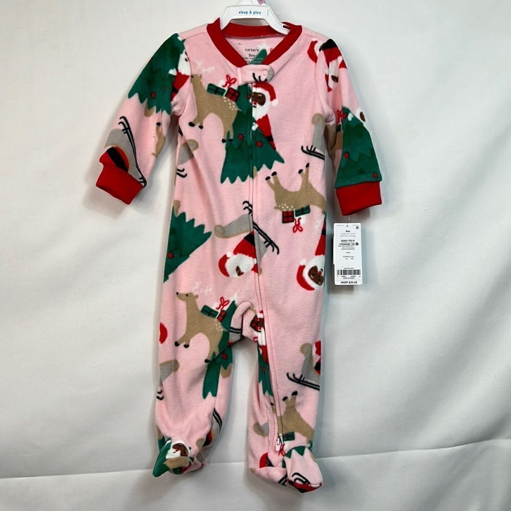 Carter’s Pink Brown Santa Sleep and Play fleece 9 months NWT